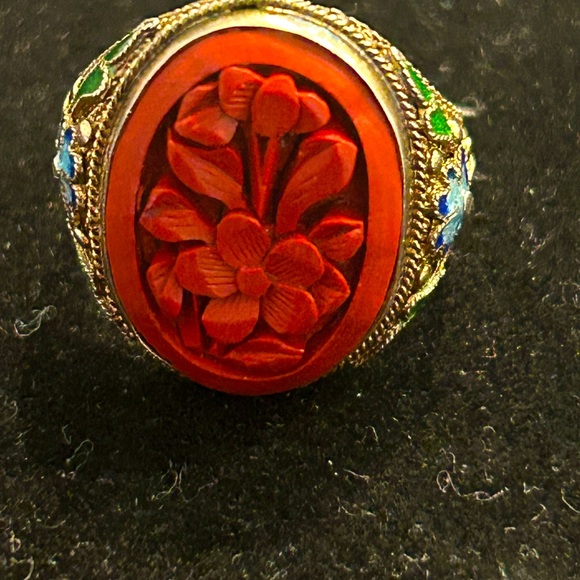 Vintage Chinese Cinnabar 4 Piece Set - Necklace, Bangle and 925 Ring & Earrings - Picture 6 of 15